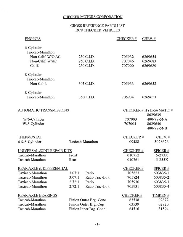 1978 Checker Cross-Reference List Page 1